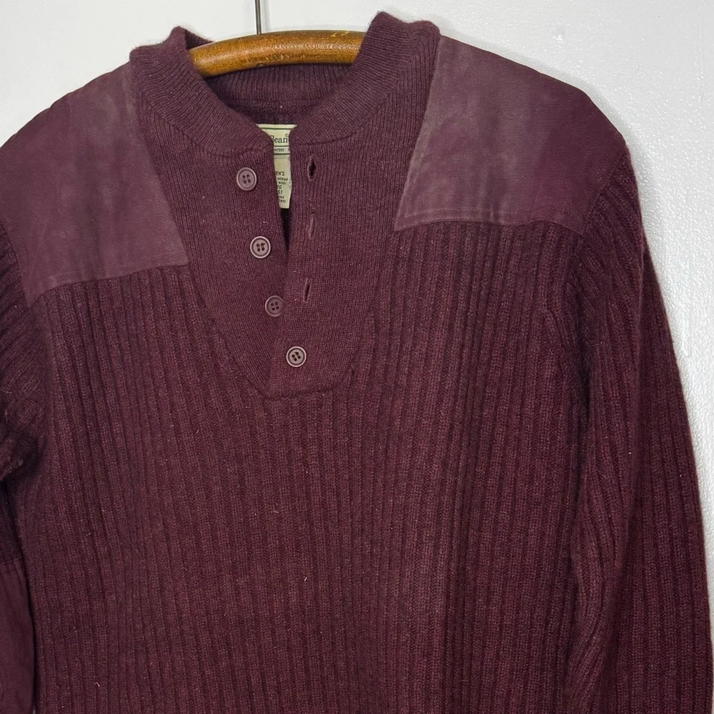 LL Bean Commando Sweater Henley Men’s Large Merino Lambswool Patches
